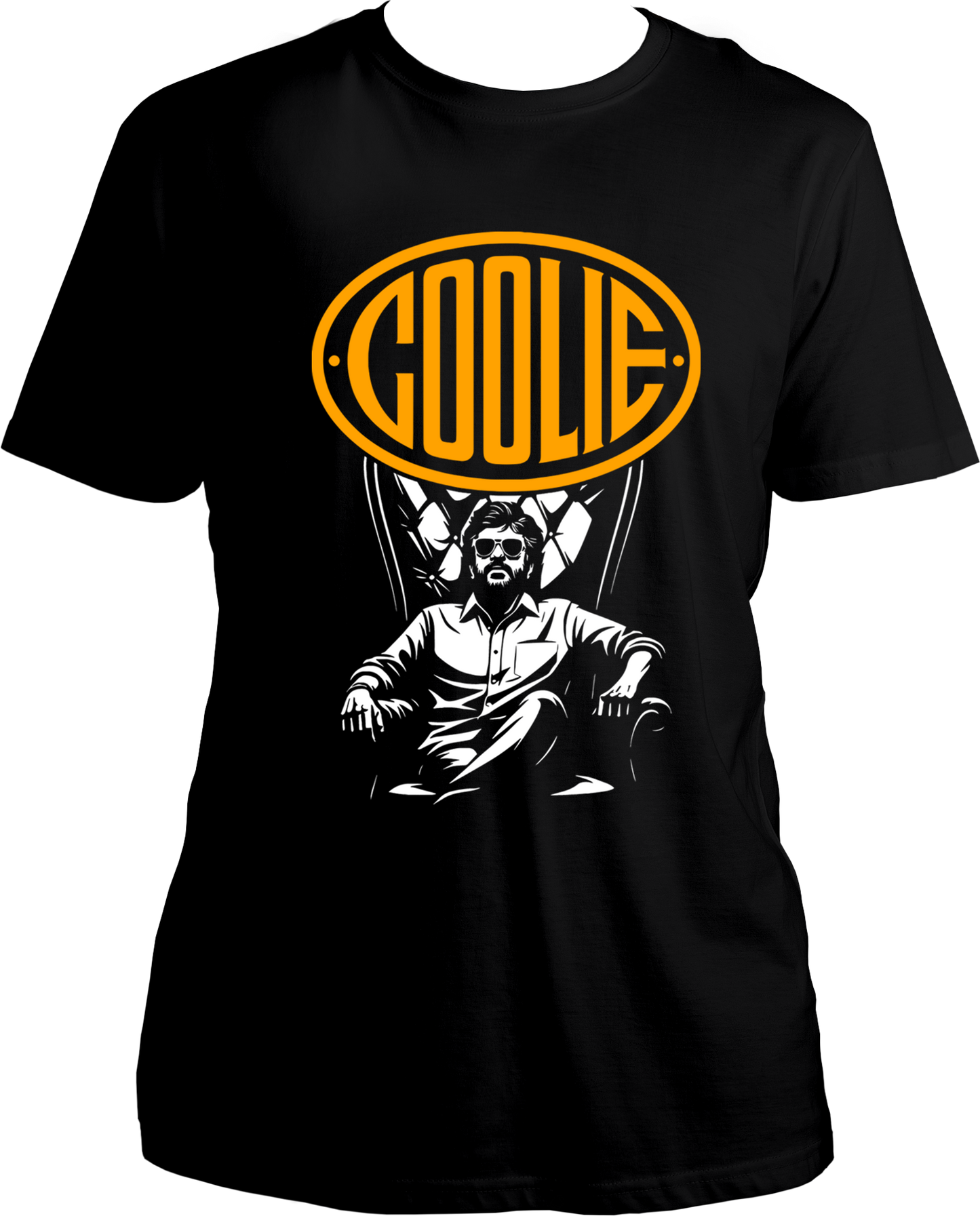 Black unisex t-shirt with Coolie movie-inspired Superstar graphic and yellow COOLIE logo above a seated man in a royal chair.