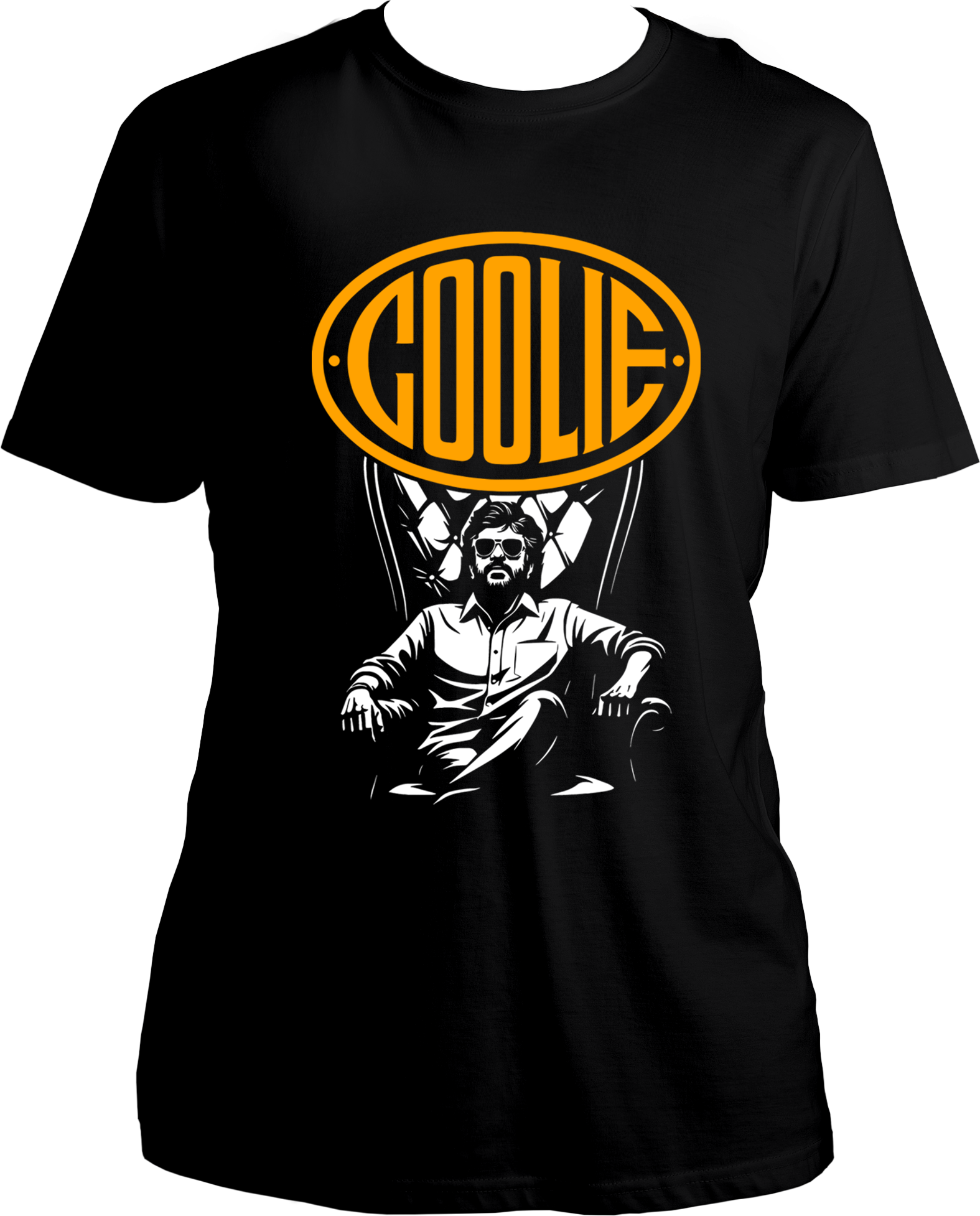 Black unisex t-shirt with Coolie movie-inspired Superstar graphic and yellow COOLIE logo above a seated man in a royal chair.