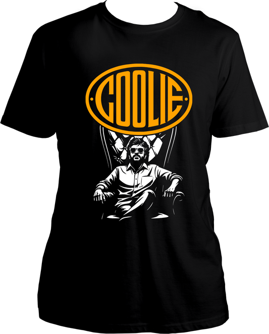 Black unisex t-shirt with Coolie movie-inspired Superstar graphic and yellow COOLIE logo above a seated man in a royal chair.