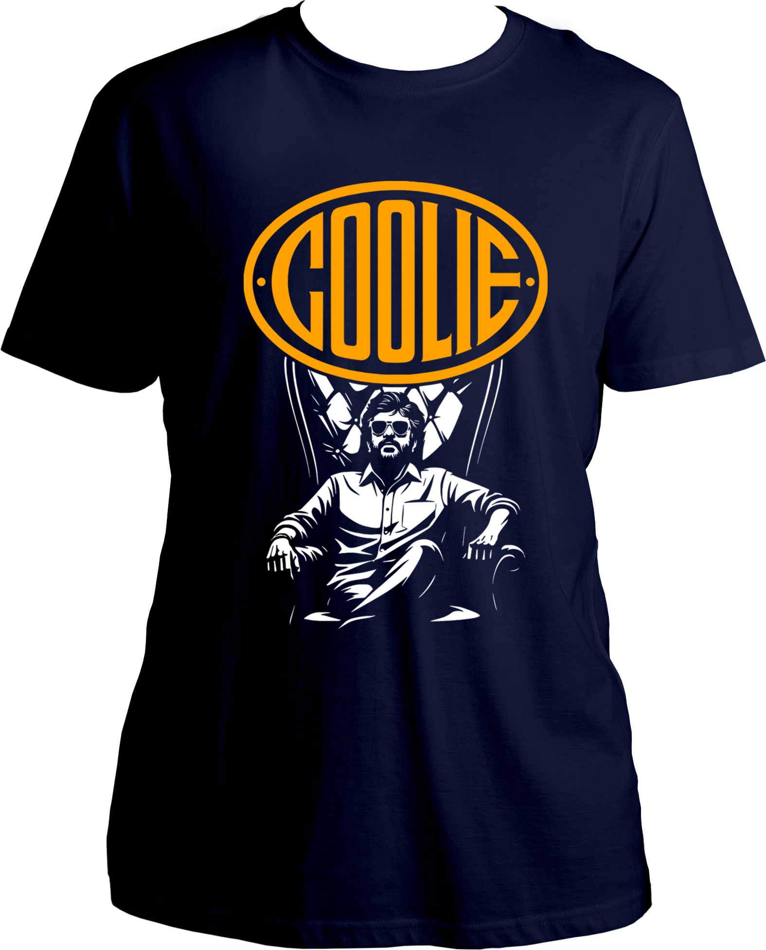 Navy Blue unisex t-shirt with Coolie movie-inspired Superstar graphic and yellow COOLIE logo above a seated man in a royal chair.