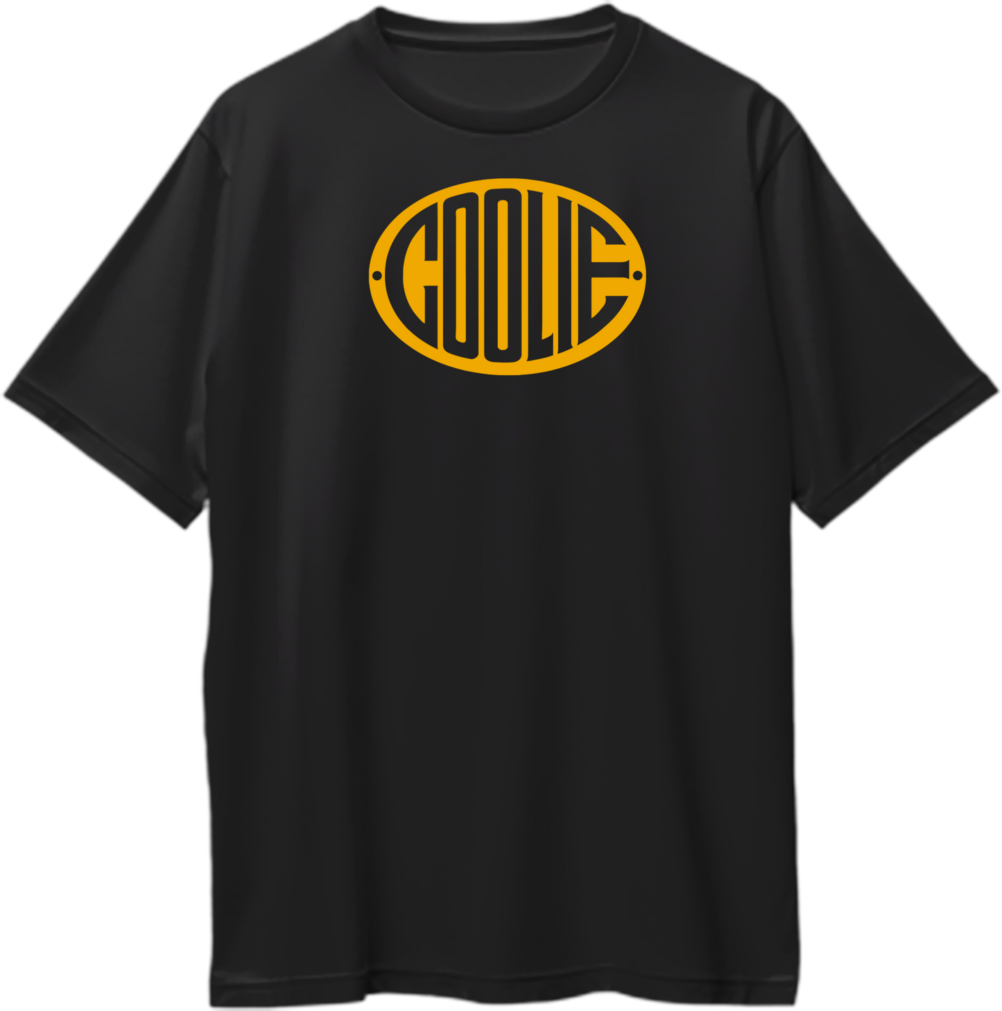 Black oversized unisex Coolie 2025 movie T-shirt with yellow logo, streetwear fan merch