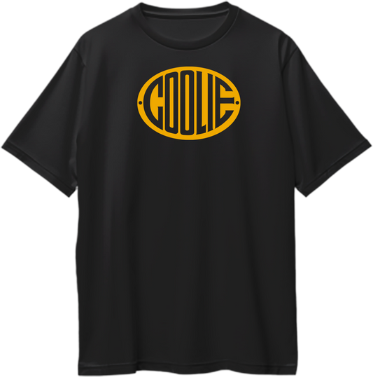 Black oversized unisex Coolie 2025 movie T-shirt with yellow logo, streetwear fan merch