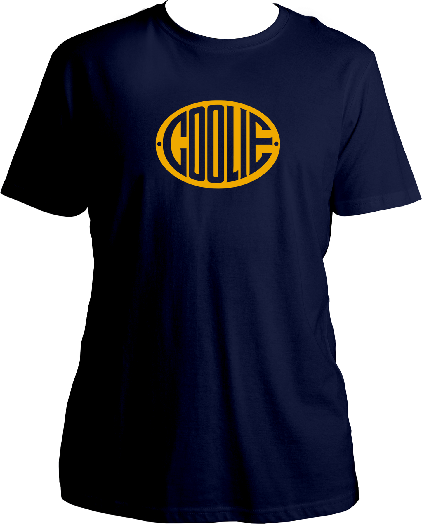 Navy blue t-shirt with yellow 'COOLIE' logo on a white background