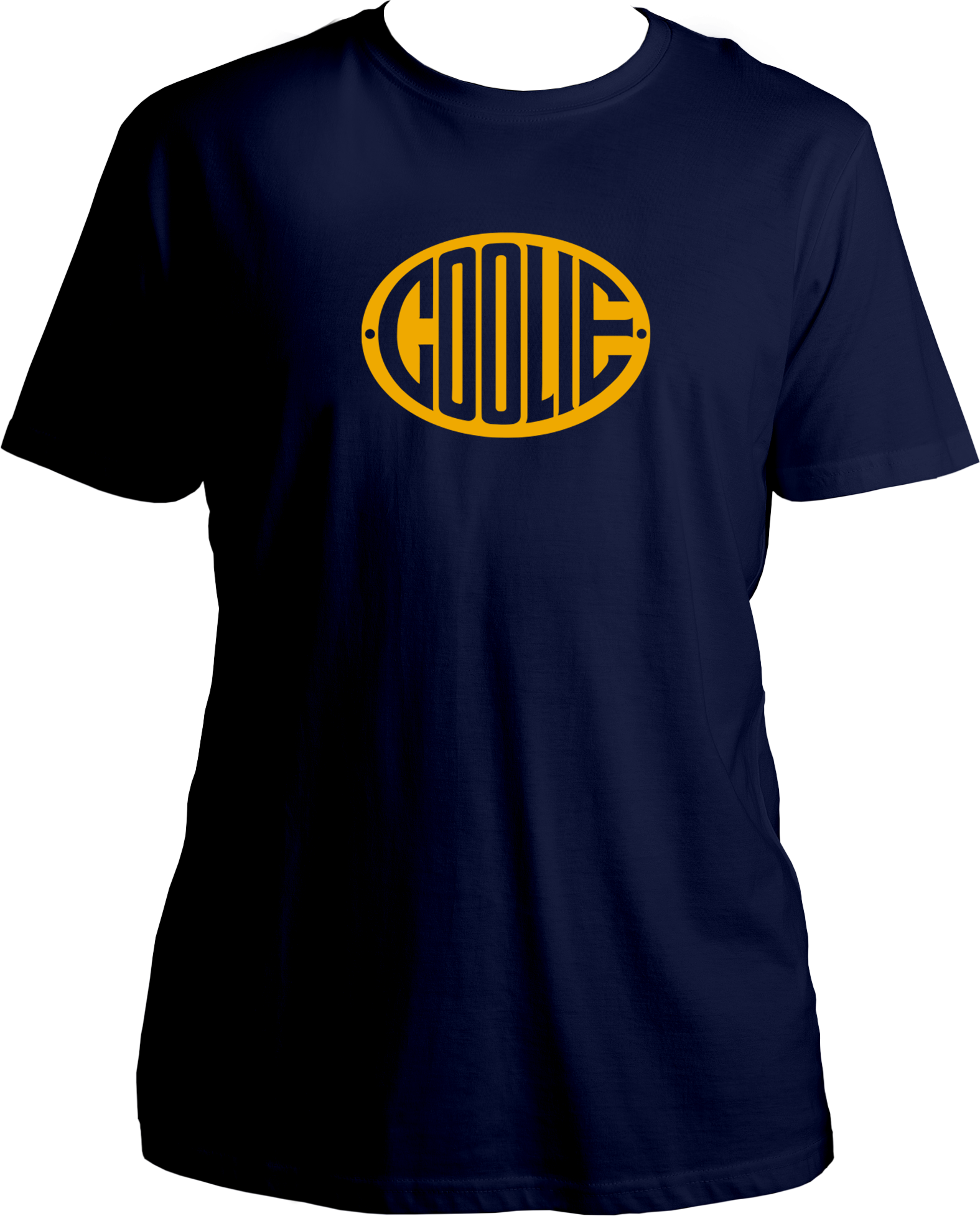 Navy blue t-shirt with yellow 'COOLIE' logo on a white background