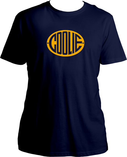 Navy blue t-shirt with yellow 'COOLIE' logo on a white background