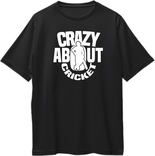 Black Crazy About Cricket Oversized T-Shirt by Garrari with white cricket-player graphic and bold sports lettering