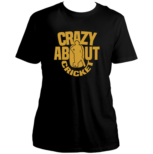 Black Crazy About Cricket Unisex T-Shirt by Garrari with golden reflective cricket-player graphic