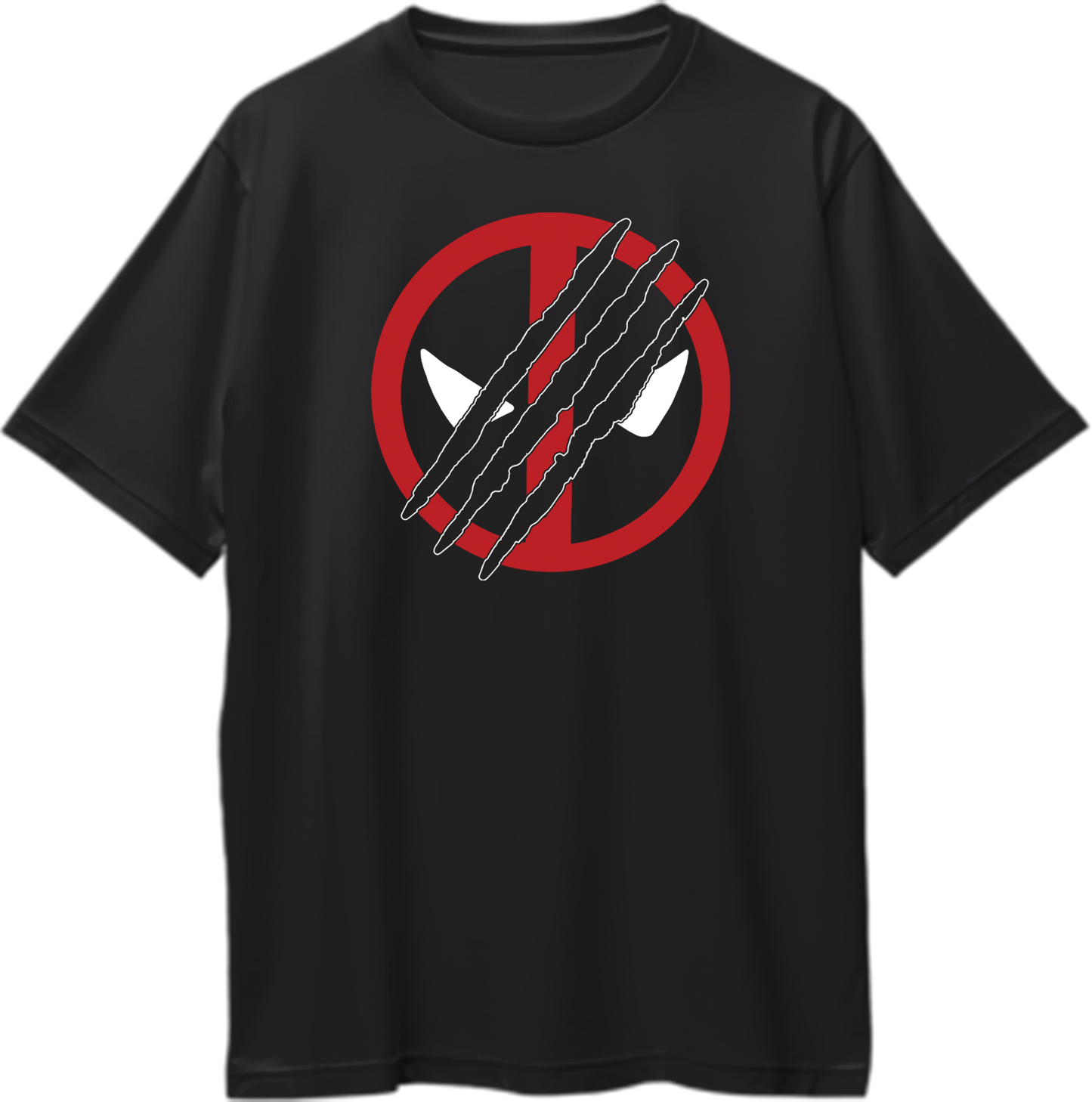 Oversized unisex t-shirt featuring a scratched red logo design, symbolizing a clash between a masked hero and a clawed rival.