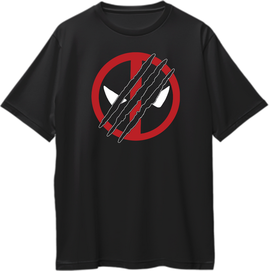 Oversized unisex t-shirt featuring a scratched red logo design, symbolizing a clash between a masked hero and a clawed rival.