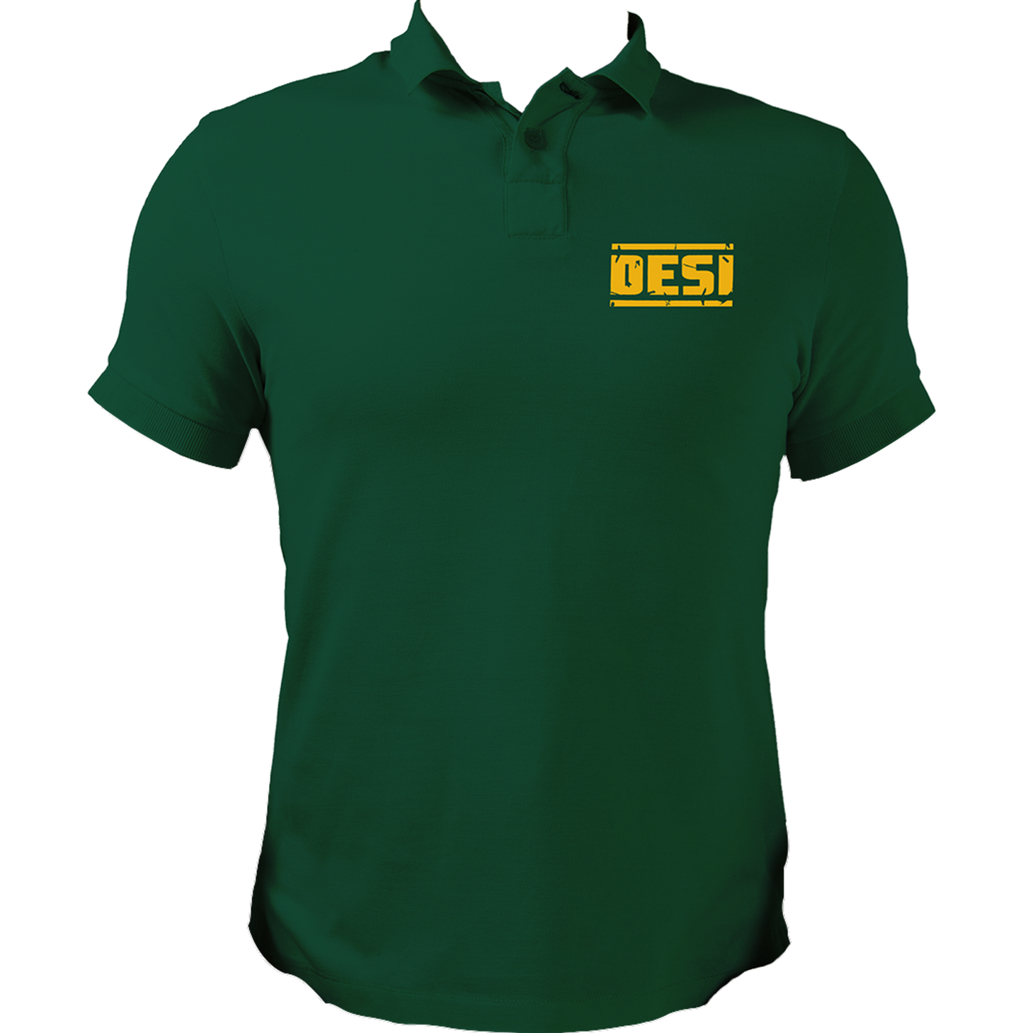 Dark Green Desi Unisex Polo T-Shirt with yellow DESI chest print by Garrari