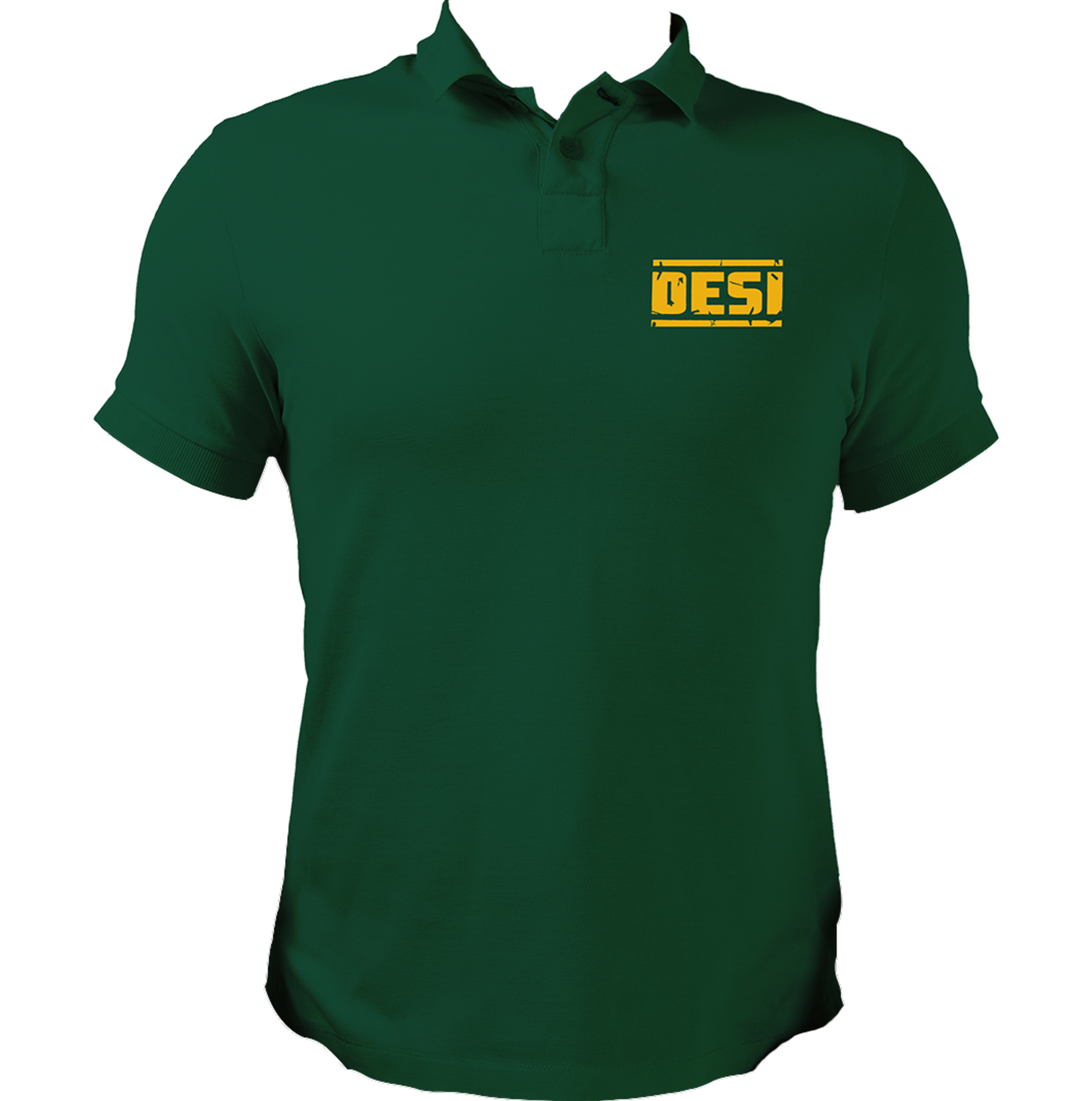 Dark Green Desi Unisex Polo T-Shirt with yellow DESI chest print by Garrari