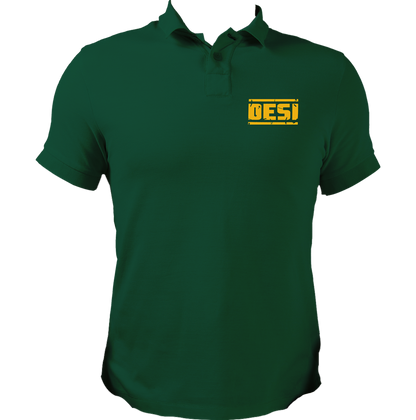 Dark Green Desi Unisex Polo T-Shirt with yellow DESI chest print by Garrari
