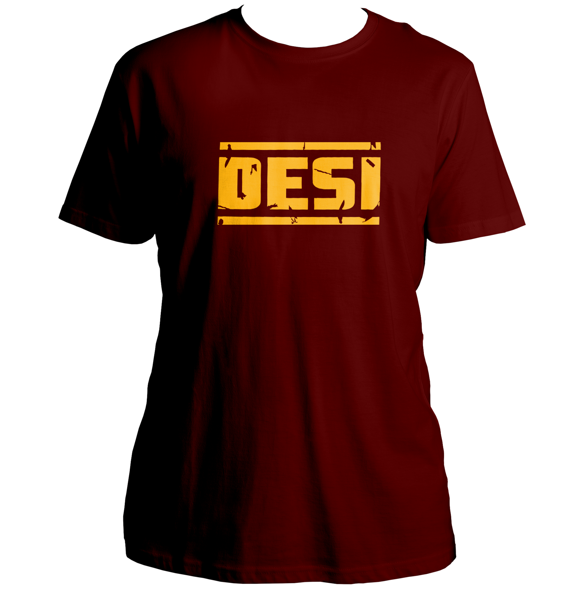 Maroon Desi Unisex T-Shirt with bold yellow DESI typography print by Garrari