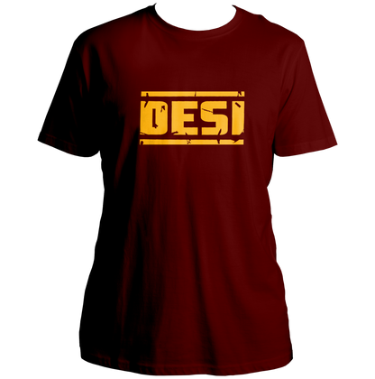 Maroon Desi Unisex T-Shirt with bold yellow DESI typography print by Garrari