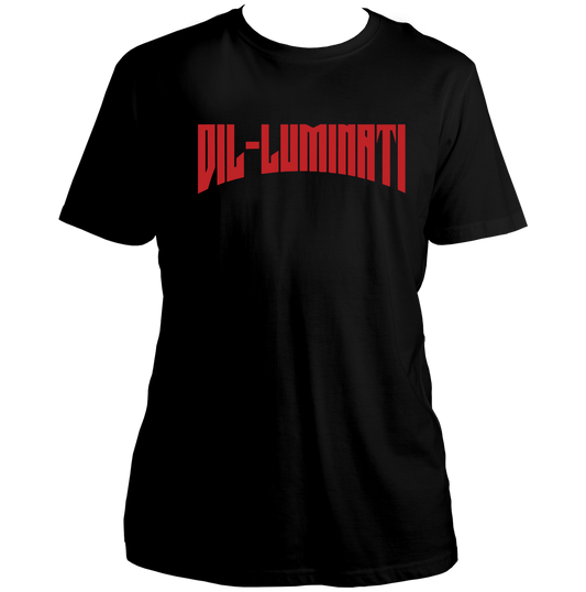 Black Dil-Luminati Diljit Dosanjh Unisex T-Shirt by Garrari with bold red DIL-LUMINATI typography