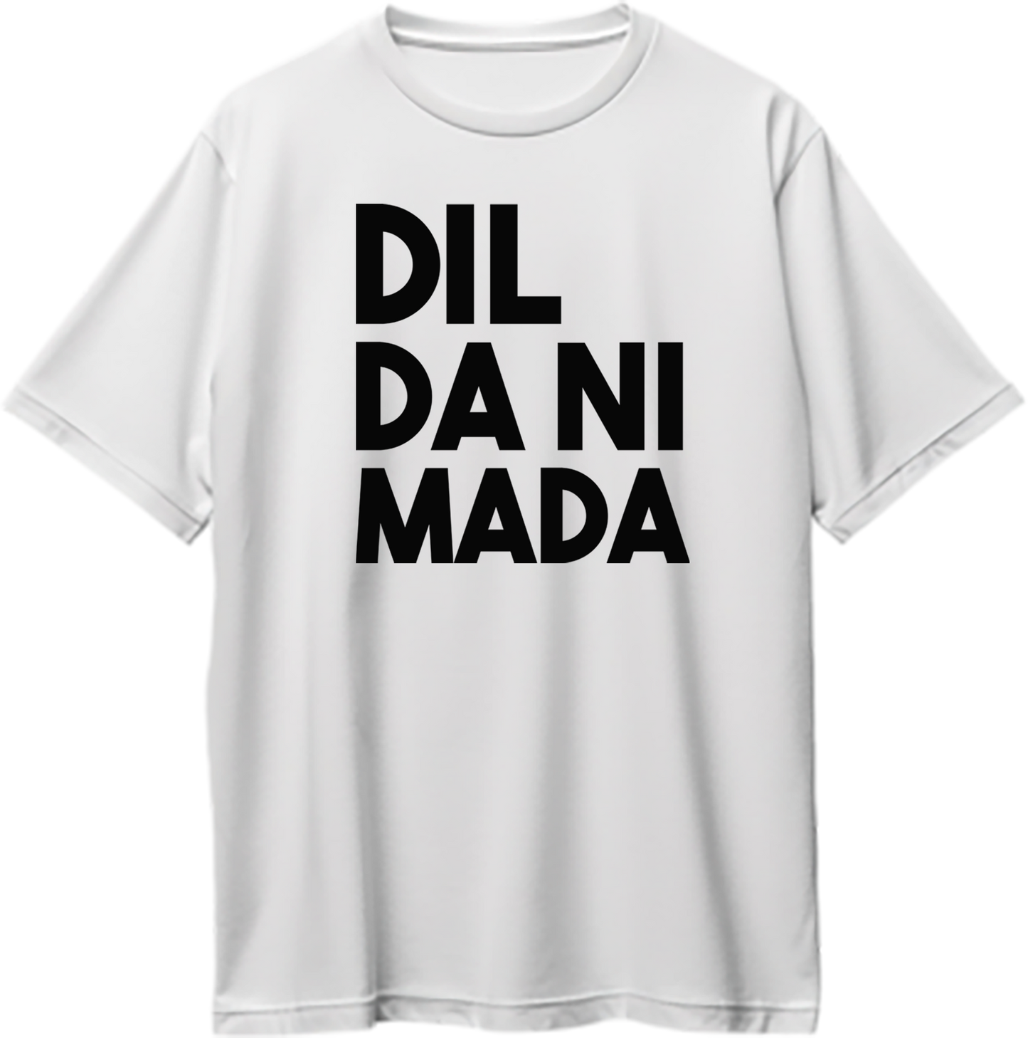 "Front view of Dil Da Ni Mada oversized unisex t-shirt with Sidhu Moose Wala's fearless tagline."