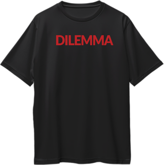 "Front view of Dilemma oversized unisex t-shirt with bold typographic print inspired by Stefflon Don and Sidhu Moose Wala's latest track."