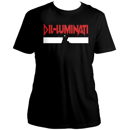 Black Dil-Luminati Graphic Diljit Dosanjh Unisex T-Shirt by Garrari with red and white fan artwork