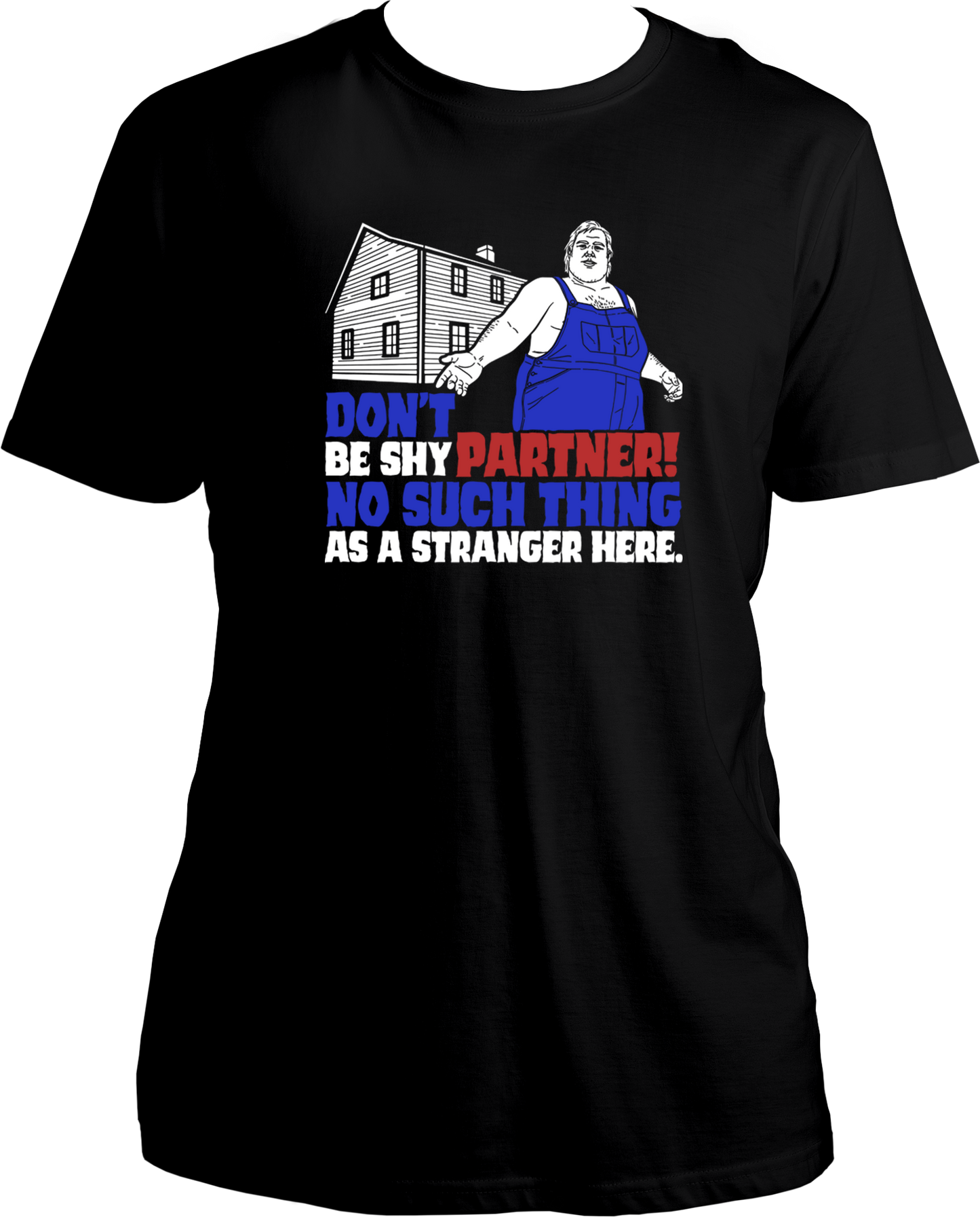 Black t-shirt with Bray Aberdeen graphic and text “Don’t be shy partner! No such thing as a stranger here.” – Garrari RDR2 Collection