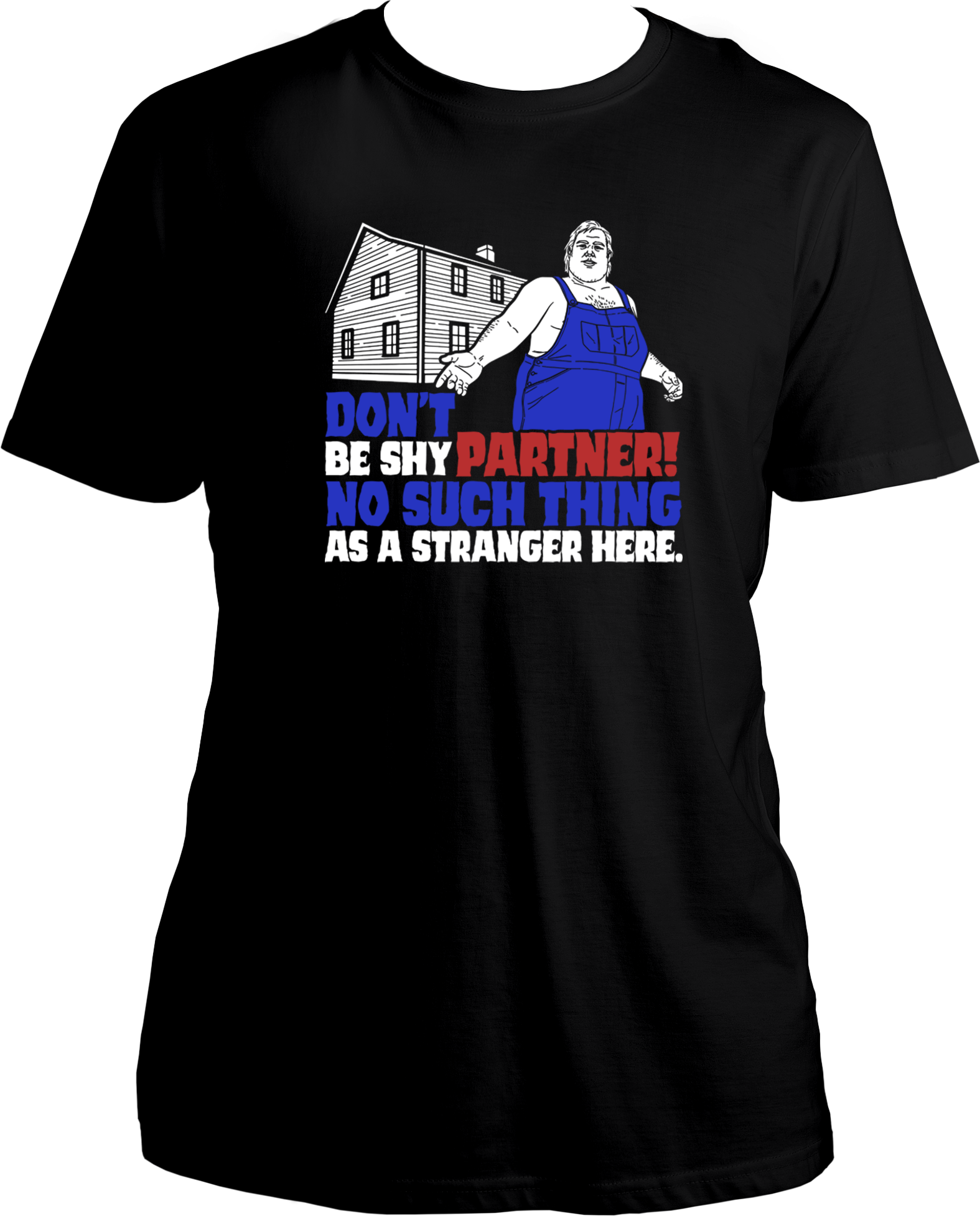Black t-shirt with Bray Aberdeen graphic and text “Don’t be shy partner! No such thing as a stranger here.” – Garrari RDR2 Collection