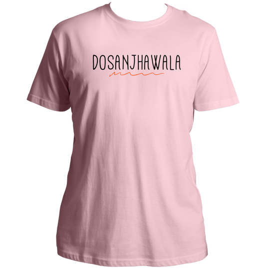 Baby Pink Dosanjhawala Diljit Dosanjh Unisex T-Shirt by Garrari with black and orange DOSANJHAWALA typography