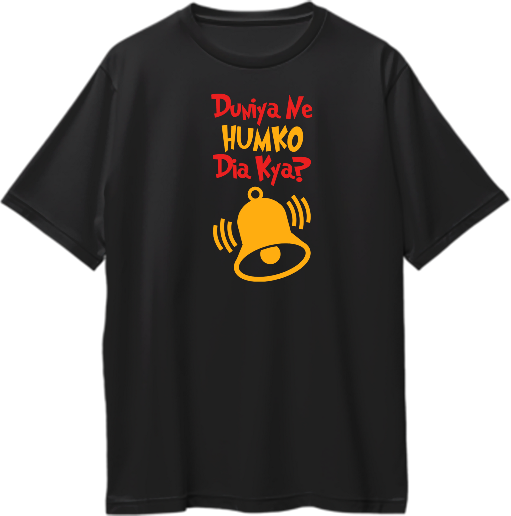 Black Duniya Ne Humko Dia Kya Oversized T-Shirt with red and yellow Hindi typography and ghanta bell graphic by Garrari