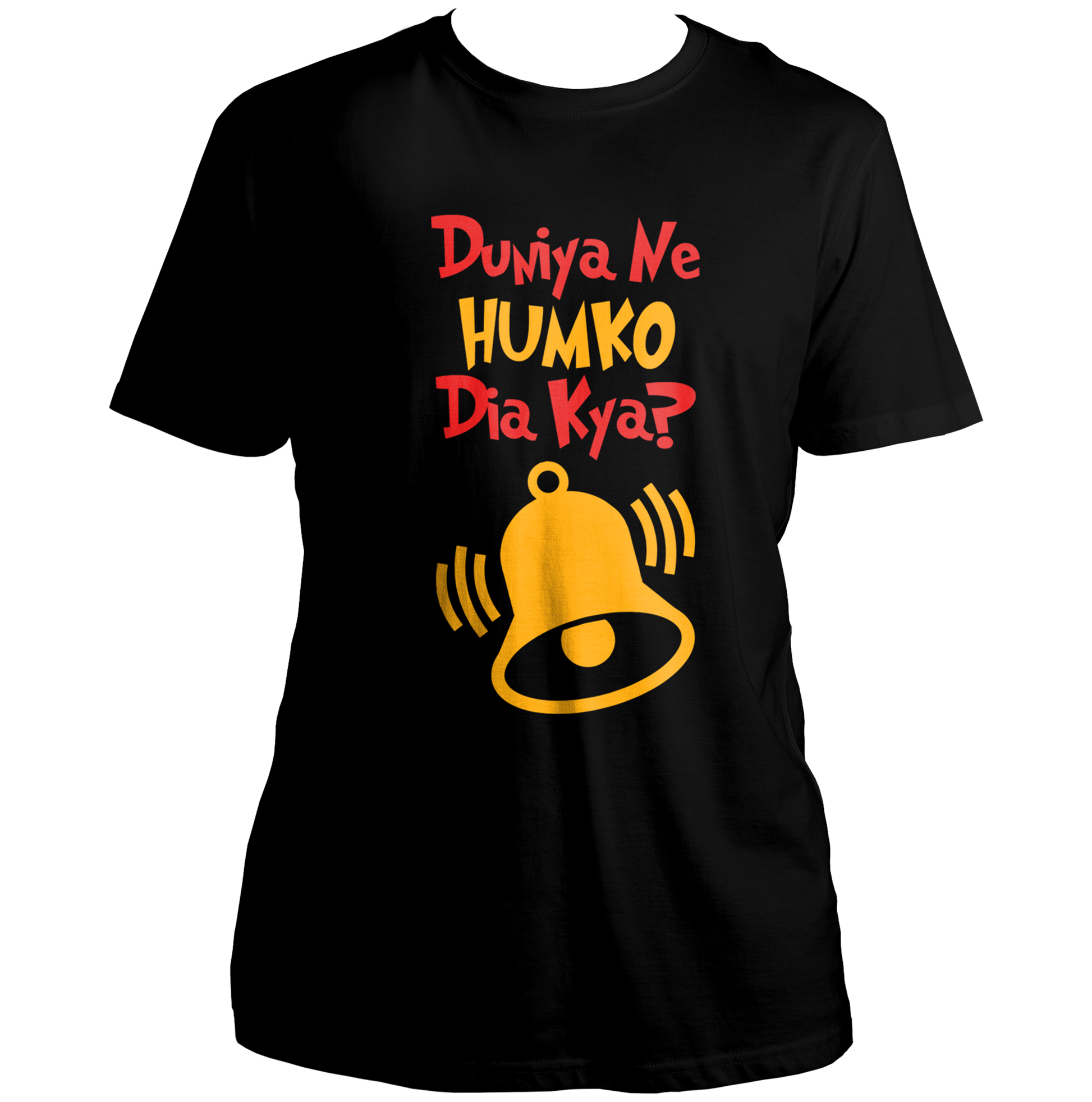 Black Duniya Ne Humko Dia Kya Unisex T-Shirt with funny Hindi quote and bell graphic by Garrari