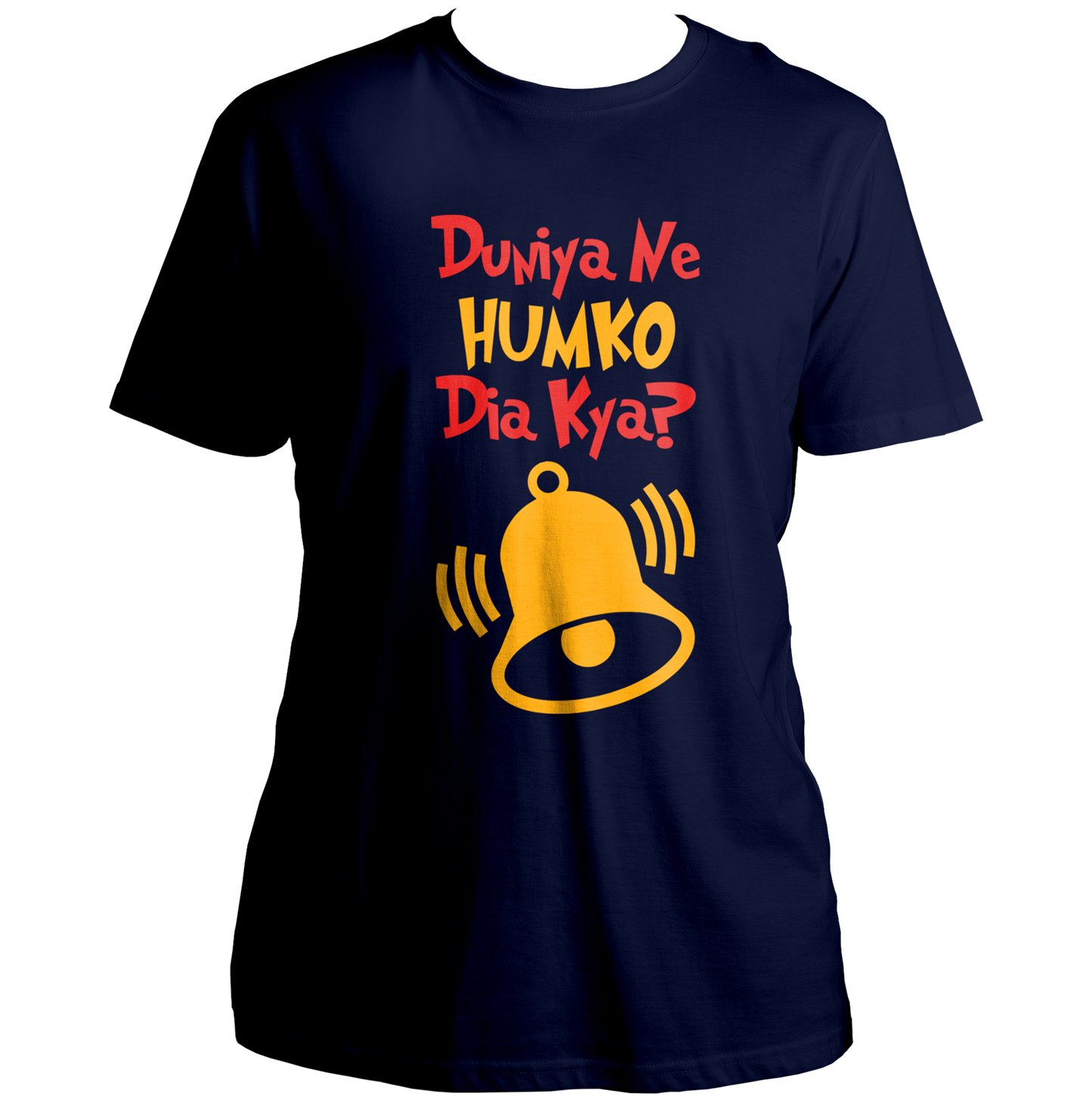 Navy Blue Duniya Ne Humko Dia Kya Unisex T-Shirt with red and yellow Hindi typography by Garrari