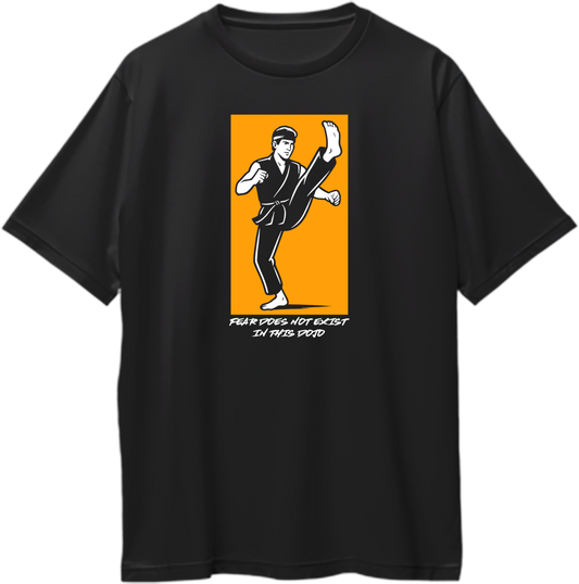Oversized unisex T-shirt with karate fighter graphic and Fear Does Not Exist in This Dojo slogan