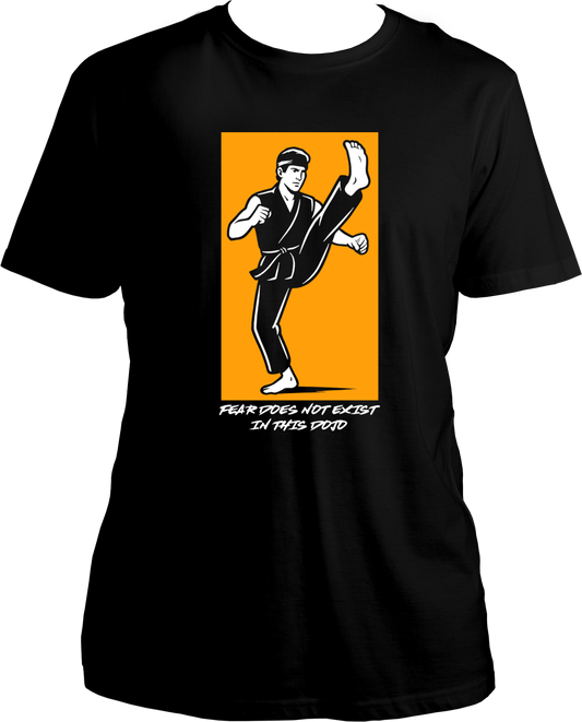 Regular fit unisex karate dojo T-shirt with Fear Does Not Exist slogan and fighter graphic