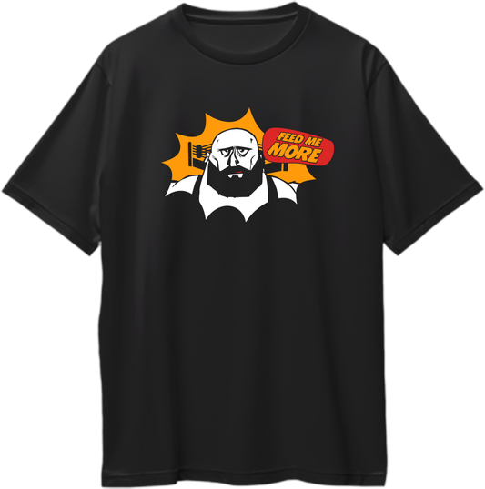 Black Feed Me More Oversized T-Shirt with bold food lover character graphic and speech bubble by Garrari