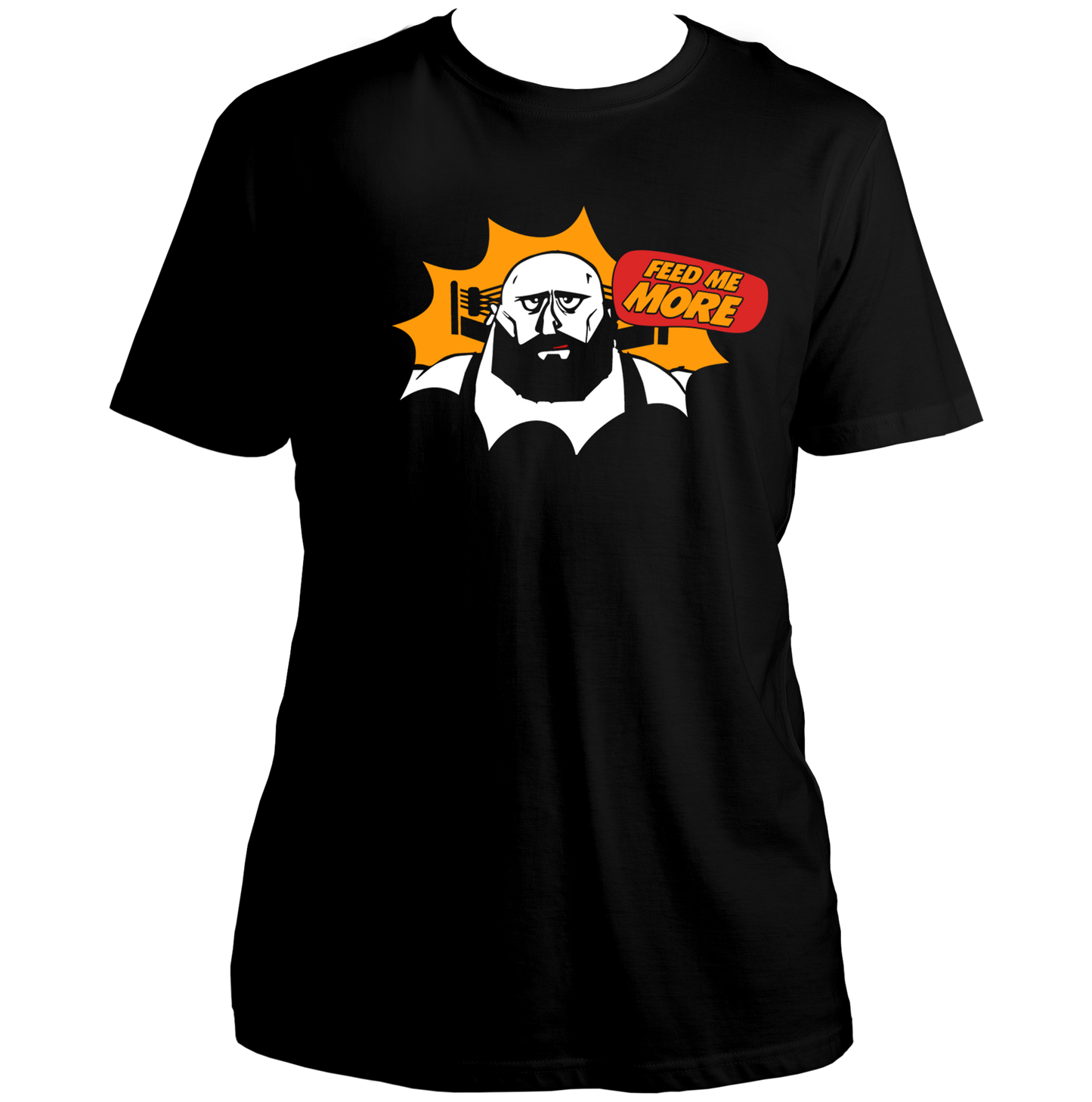 Black Feed Me More Unisex T-Shirt with funny food lover character graphic by Garrari