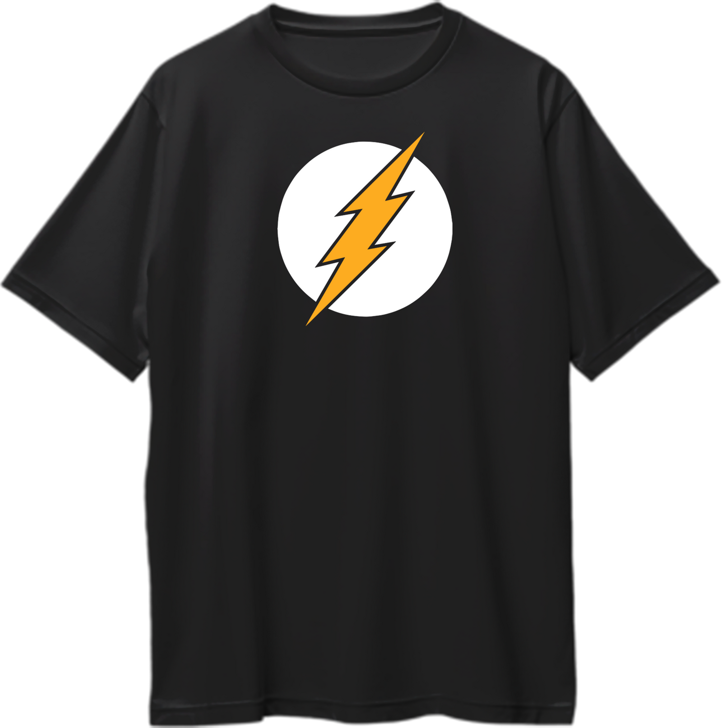 Fastest Man's Sign Oversized Unisex T-Shirt featuring a lightning bolt symbol, worn by Sheldon Cooper in The Big Bang Theory.