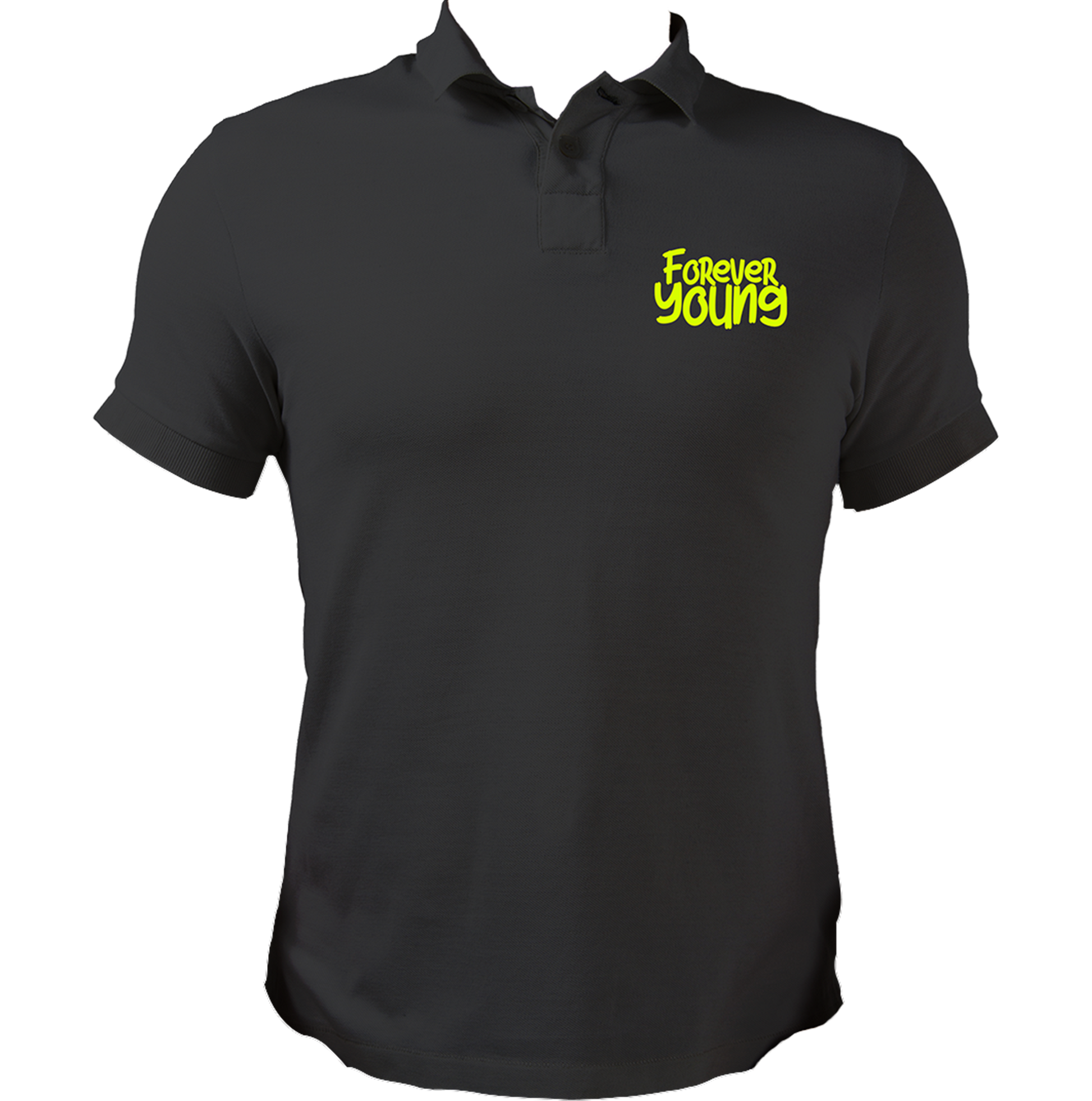 Black Forever Young Unisex Polo with playful statement chest print by Garrari