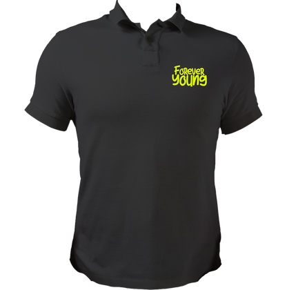 Black Forever Young Unisex Polo with playful statement chest print by Garrari