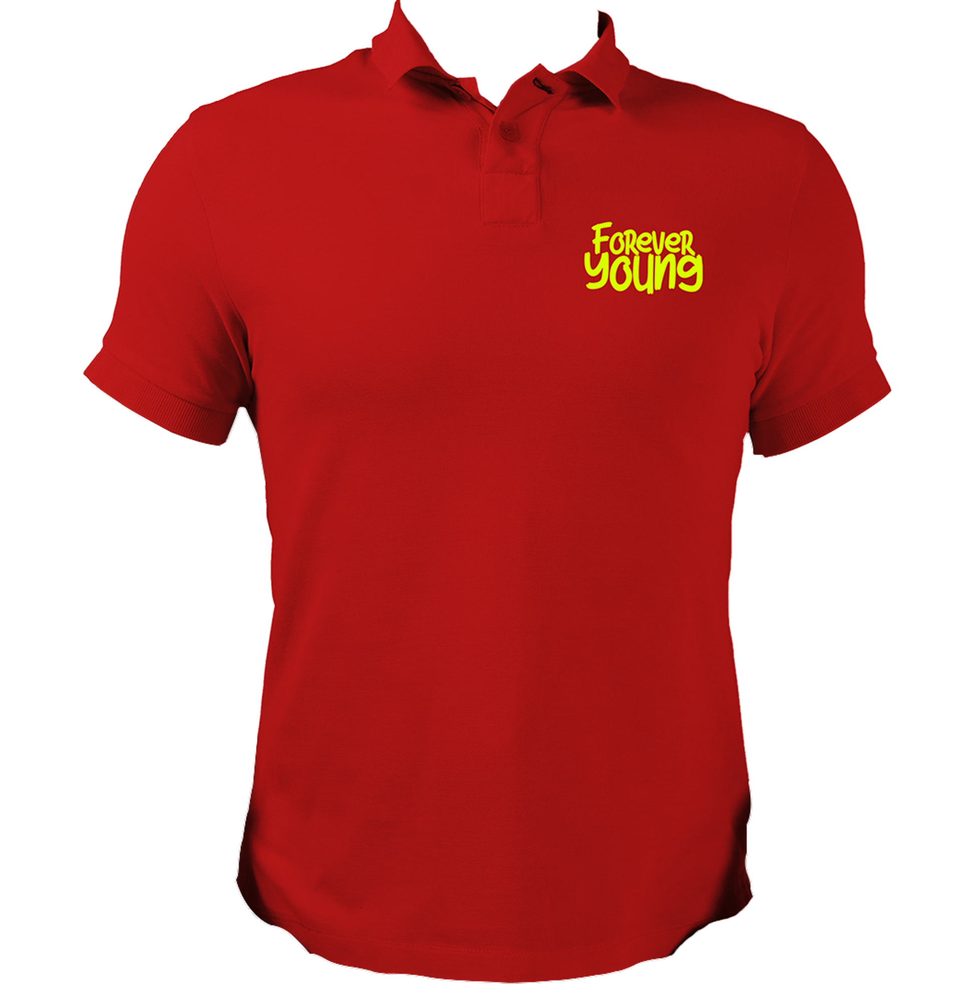 Red Forever Young Unisex Polo with bright positive quote typography by Garrari