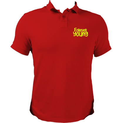 Red Forever Young Unisex Polo with bright positive quote typography by Garrari