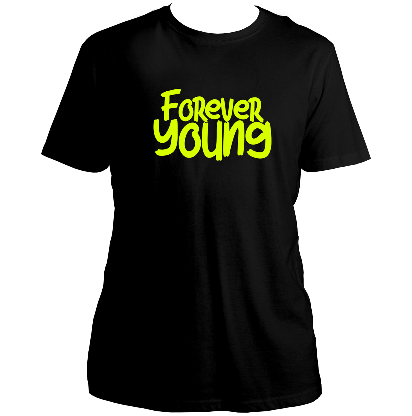 Black Forever Young Unisex T-Shirt with bold quirky typography by Garrari