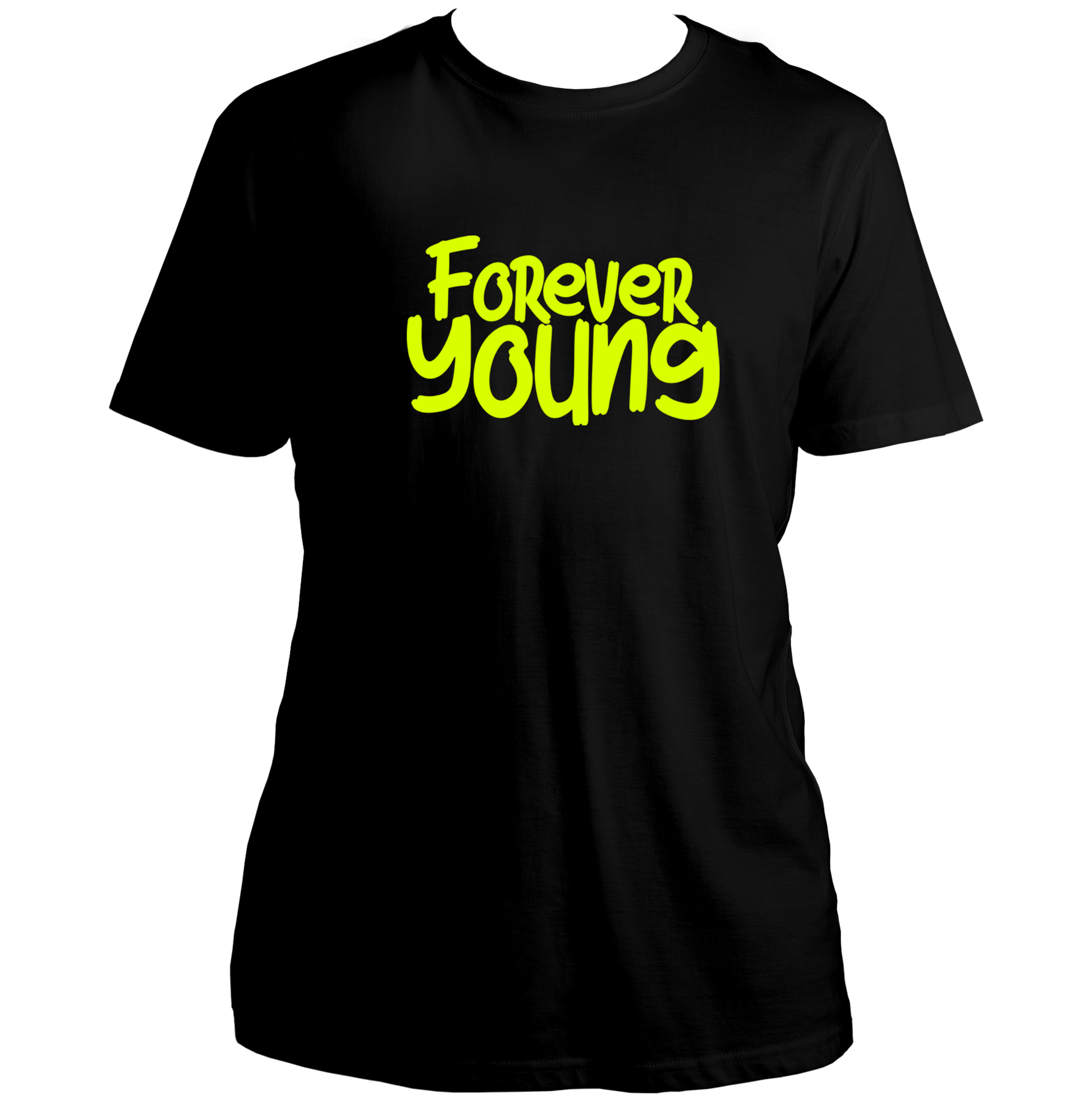 Black Forever Young Unisex T-Shirt with bold quirky typography by Garrari