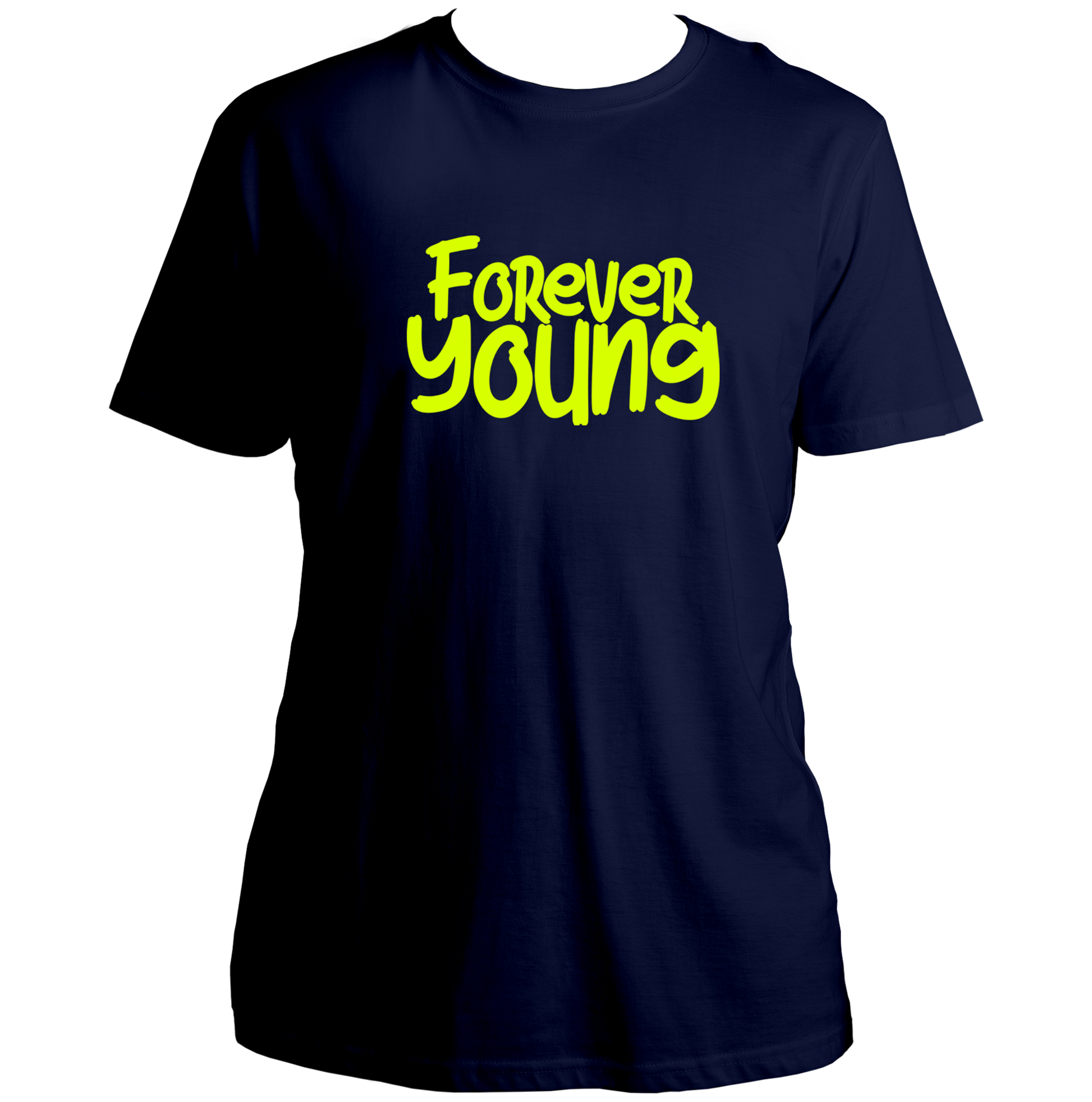 Navy Blue Forever Young Unisex T-Shirt with positive typography design by Garrari
