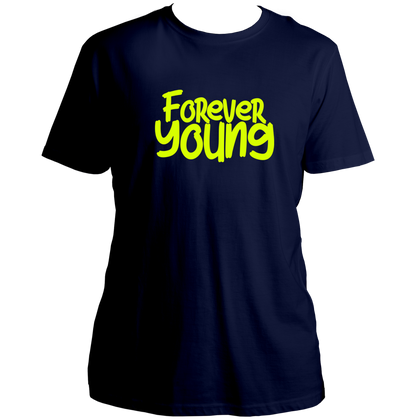 Navy Blue Forever Young Unisex T-Shirt with positive typography design by Garrari