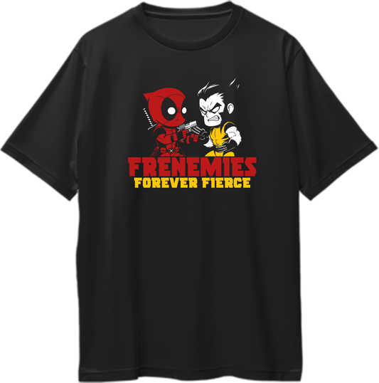 "Oversized unisex t-shirt featuring Wolverine and Deadpool in a fierce frenemy design symbolizing their love-hate relationship."