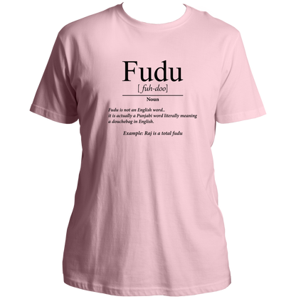 Baby Pink Fudu Unisex T-Shirt with Punjabi slang dictionary-style print by Garrari