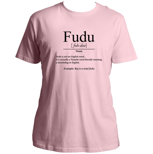 Baby Pink Fudu Unisex T-Shirt with Punjabi slang dictionary-style print by Garrari