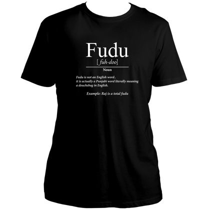 Black Fudu Unisex T-Shirt with dictionary-style Fudu slang design by Garrari