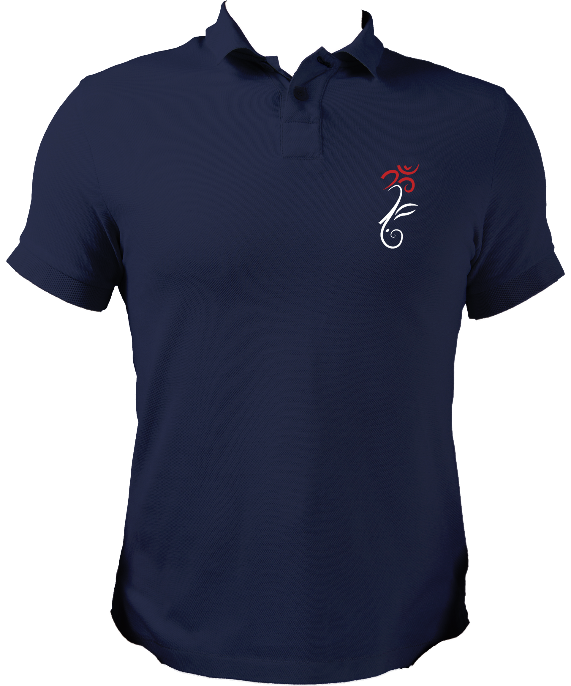 Front view of Om Ganesha Unisex Polo T-Shirt with small Om Ganesha print on the pocket.