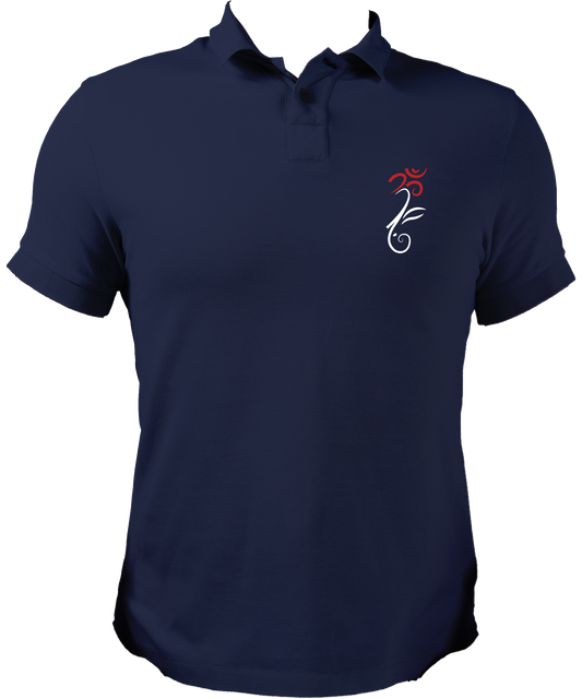 Front view of Om Ganesha Unisex Polo T-Shirt with small Om Ganesha print on the pocket.