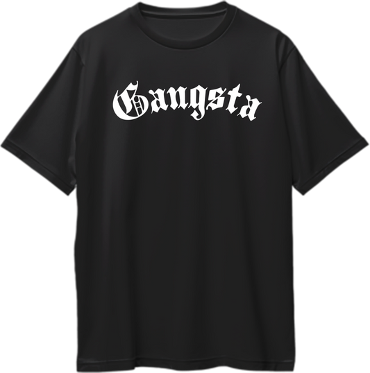Black Gangsta Oversized T-Shirt with bold white gothic typography print by Garrari