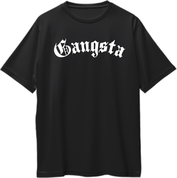 Black Gangsta Oversized T-Shirt with bold white gothic typography print by Garrari