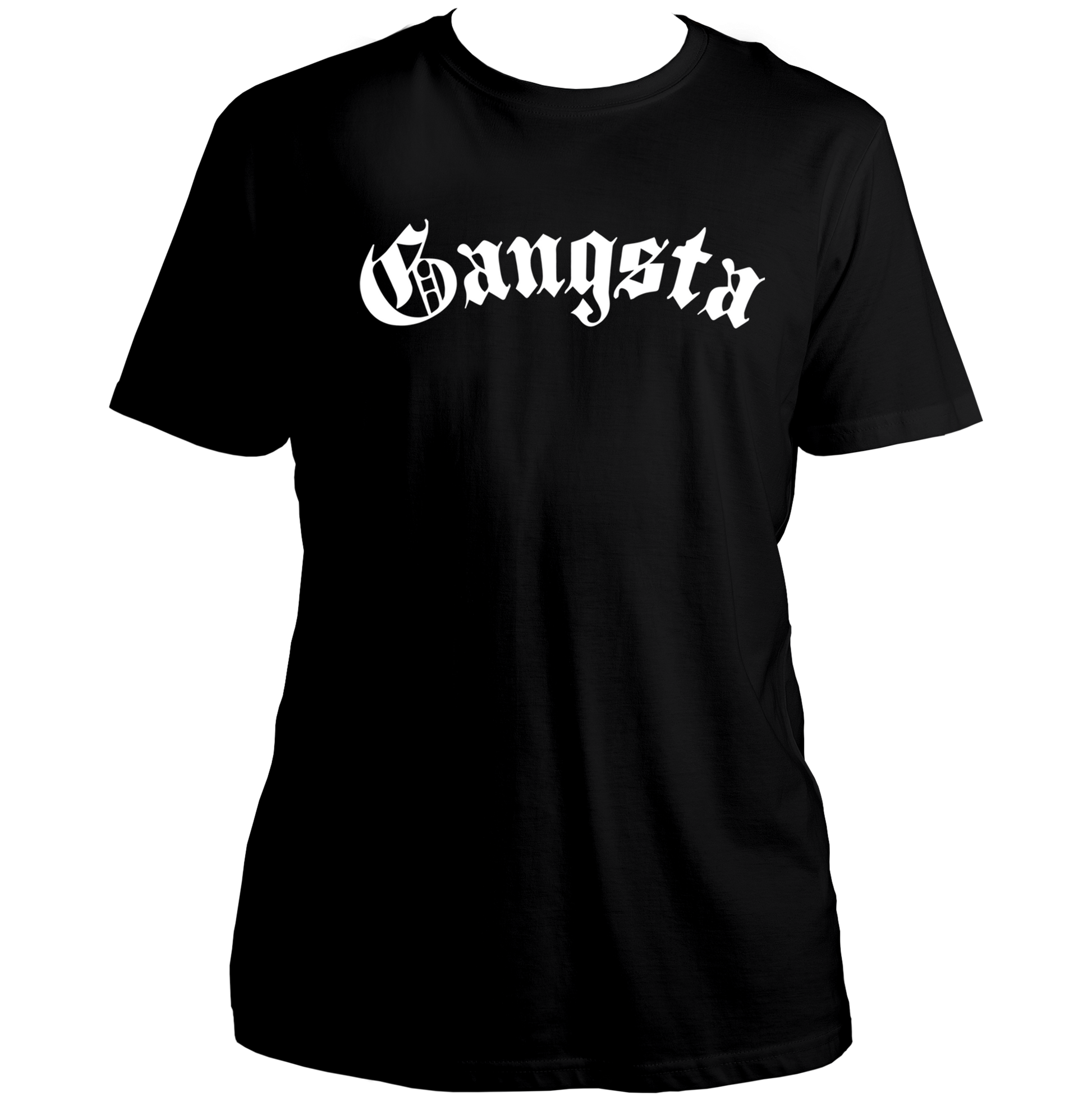 Black Gangsta Unisex T-Shirt with gothic-style Gangsta typography by Garrari